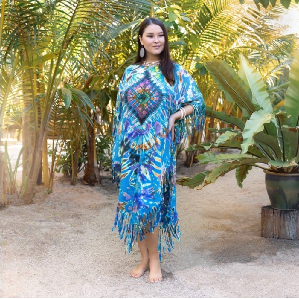 ARLO Festival Poncho Maxi Dress Hand Tiedye Tunic Top Fringe One Plus Size